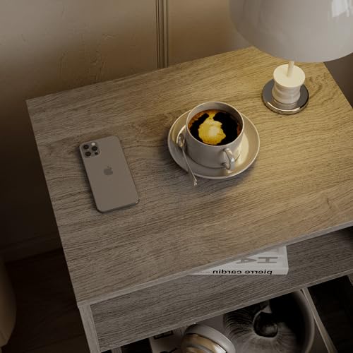 Image of JOONEE Rattan Nightstand,Farmhouse Bedside Table with 2 Storage Drawer and Open Wood Shelf, for Bedroom and Small Spaces,Night Stand with Solid Wood Legs (Grey Oak)