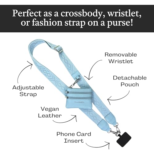 Image of Save the Girls Original Clip and Go Phone Strap Pattern (Classic - Sky Blue) - Crossbody Phone Strap Chain with Zipper Wallet Pouch - Phone Lanyard Zippered