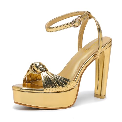 Women's Block Heels 4 Inch Platform Braid Knot Ankle Strap Lady Heeled Sandals FZ319