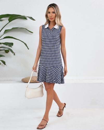 Image of YEXPINE Women's Sleeveless Polo Dress Ruffle Hem Lapel V Neck T-Shirt Summer Mini Dresses