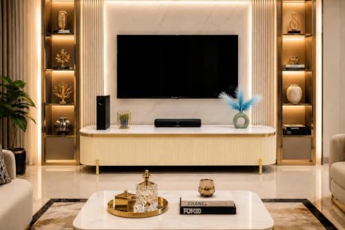 Image of Mazzo Modern TV Unit /Console - 70 inchx12 inchx18 inch White Marble Top with Golden Acrylic, Waterproof Plywood & Charcoal Louvers - Media Cabinet | Modern TV Stand Console Without Storage (Ivory)