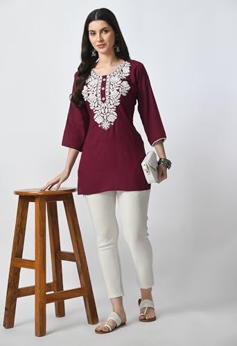 Image of LIBOZA Kurti for Women - Short Chikankari Kurtis for Girls, Lakhnawi Tunic Top Kurta Design for Ladies, Woman Ethnic Kurthis & Shirt with Sleeve