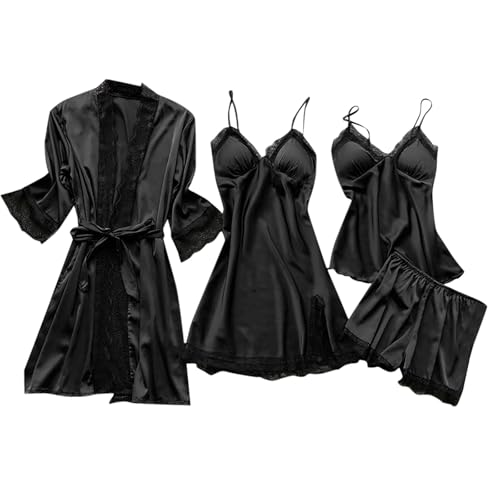WWricotta Camisón de satén con Tirantes y Encaje Sexy para Mujer, Pantalones de Pijama, Ropa de casa con Almohadilla para el Pecho, Conjunto Ligero de Cuatro Piezas Camisolas Mujer Vestir