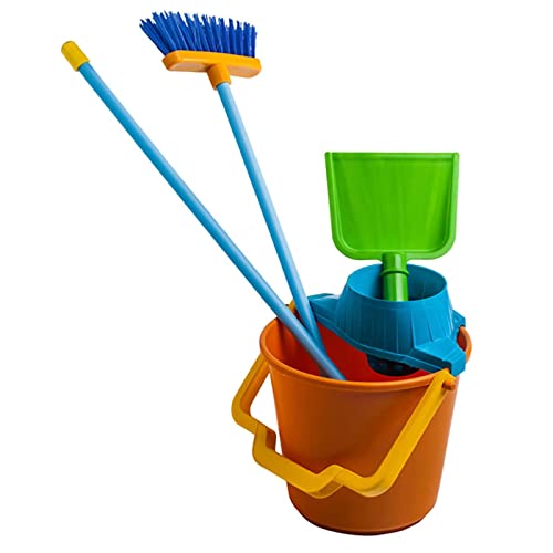 Tradineur - Set de limpieza infantil con 4 utensilios, juguete de plástico resistente, incluye cubo, fregona, escoba y recogedor, fregar, barrer, regalo para niños, 60 x 23 x 23 cm, color aleatorio