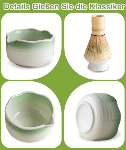 JBER Matcha Besen Set, Matcha Set 7-Teiliges - Matcha Besen und Besenhalter, Matcha Schale mit Auslauf, Sieb, Löffel und Halter, Japanisches Matcha Tee Set für Matcha-Liebhaber, Hellgrüner Farbverlauf