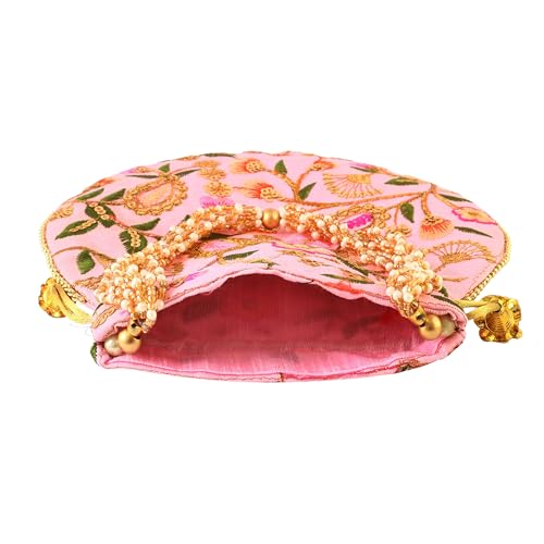 Image of Handcrafted Potli Purse with Golden Floral Embroidery and Pearl Accents