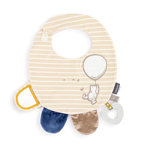 Image of DEMDACO Mommy & Me 11.5 x 10 Inch Textured Fabric, Tactile, Teething Ring, Feeding, Activity Bib, Tan and White, Pooh Classic Yellow Bear