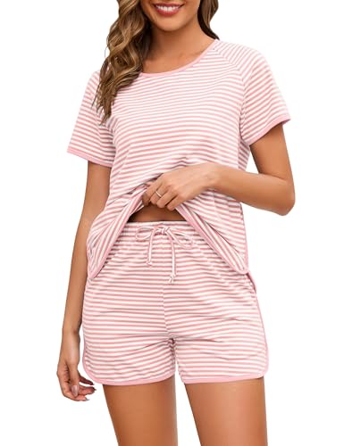 Cotton Pajama Sets for Women 2 Piece Lounge Set Stripe Pj Set Loungewear Short Sleeve Top and Shorts with Pockets