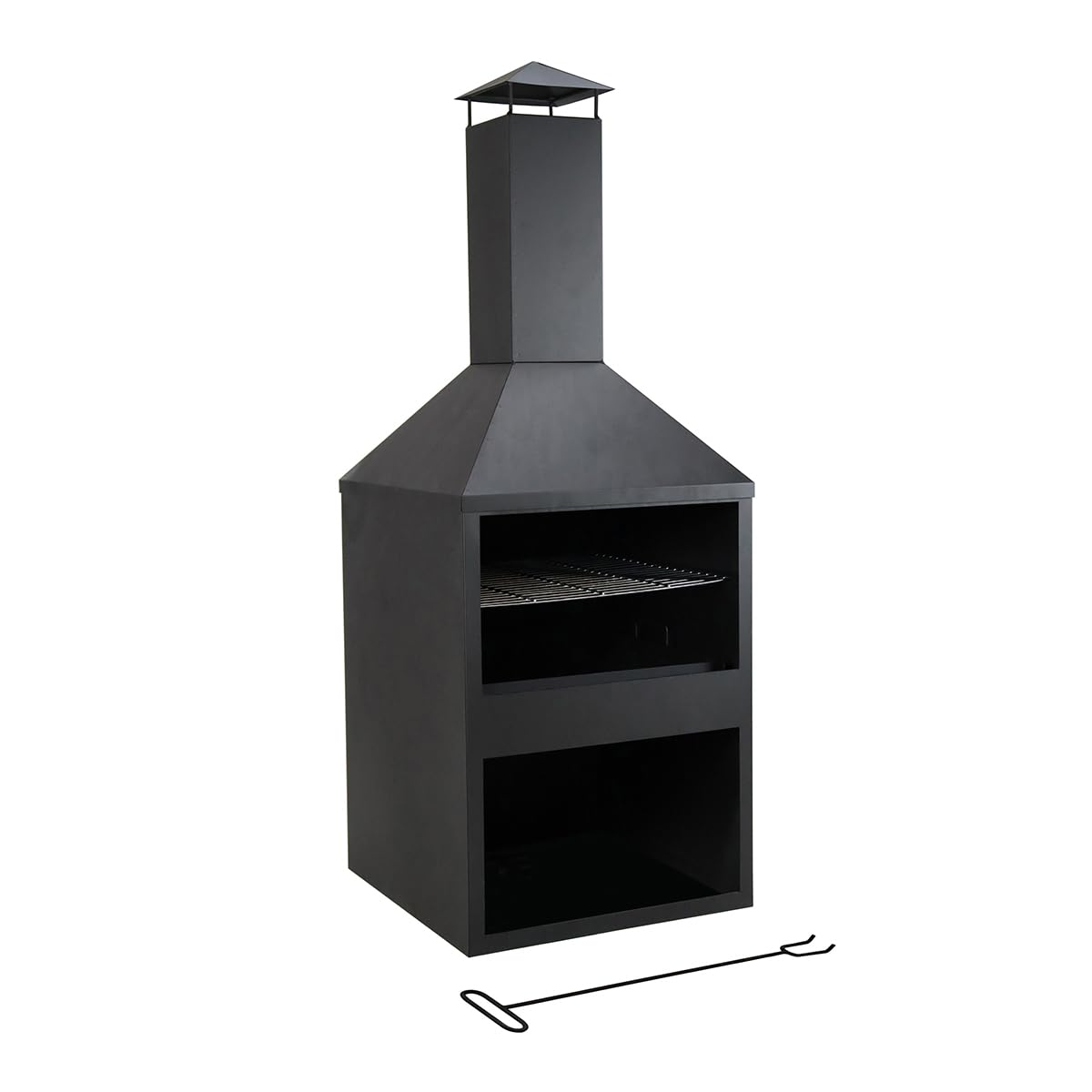 CHARLES BENTLEY Barbecue et cheminée 118cm en Acier Noir, résistant à la Rouille, Design Moderne, brûleur Bois/Charbon, Rangement bûches, avec tisonnier (118x44x44cm)