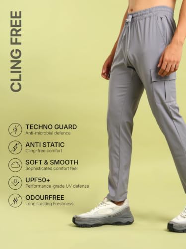 Image of TECHNOSPORT Men's Straight Fit Cargo Track Pants with Multiple Pockets, TS Flexi Quick Dry Stretchable Lightweight Joggers for Gym and Casual Wear
