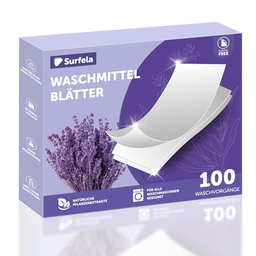 Surfela Detergente de hojas de lavanda – hasta 100 lavados (100 hojas) Lavadora sostenible, biodegradable – Detergente de viaje, respetuoso con el medio ambiente y ahorra espacio