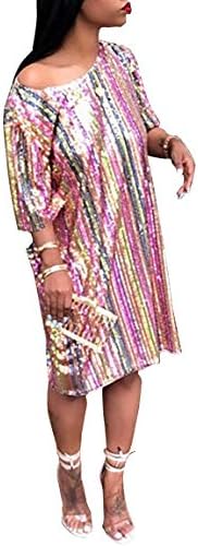 HuiSiFang Women's Sparkle Sequin Long Tee Shirts Short Sleeve Striped T Shirt Dress Clubwear