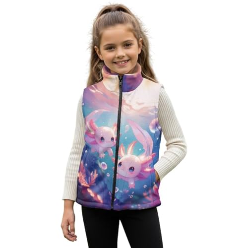 TOADDMOS Cute Pink Axolotl Full Zip Vest Wind Proof Girls Zippered Vests 4T Soft Winter Lightweight Sleeveless Fleece Jacket with Pocket Fashion Warm Sleeveless Jacket for Spring Fall