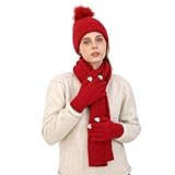Double Couple Winter Beanie Hat Scarf Gloves Set for Women Beanie with Pom Long Scarf Warm Touchscreen Gloves Set