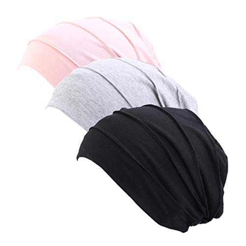 Ever Fairy 3 Stück Chemo Cancer Cotton Kopftuch Mütze Seide gefütterte Mütze Ethnic Cloth Turban Cap für Frauen (pink+Black+Gray)
