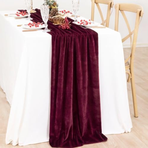 Image of MLMC Velvet Table Runner 10ft Luxury Velvet Fabric Elegant Table Decorations 20x120 Inches for Wedding Anniversary Romantic Dinner Holiday Kitchen and Dining Table Decor, 2 Pack, Burgundy Red