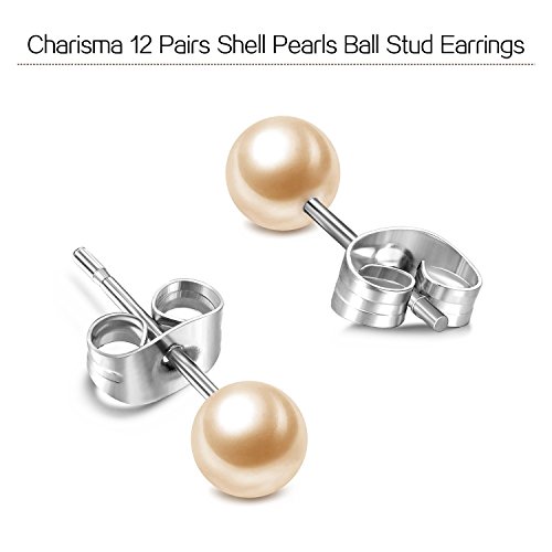 Charisma 6mm Composite Round Ball Pearls Stud Earrings - Hypoallergenic 12 Pairs Mixed Color Imitation Pearl Earrings Set for Women2
