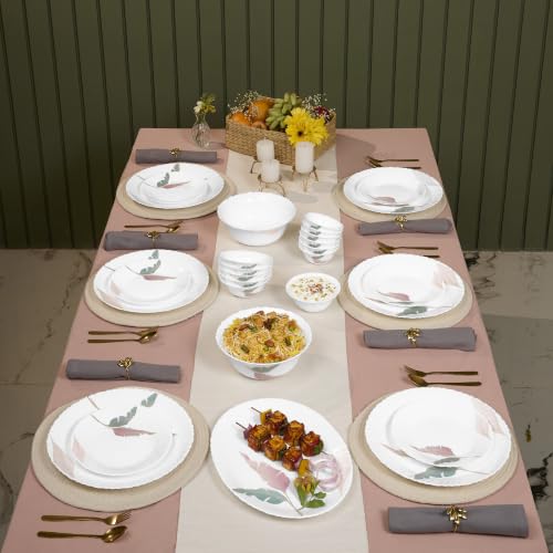 Image of Treo by Milton Opalware Aurelia Palma Dinner Set of 35 | Serving for 6 | Microwave & Dishwasher Safe | Bone-Ash Free | Tempered Toughness | Plates, Bowls, Spoons | Crockery Set for Dining & Gifting