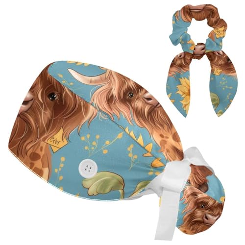 Vcedizo Working Cap with Button & Sweatband, Highland Cow Sunflower Adjustable Tie Back Hat Nurse Surgical Cap