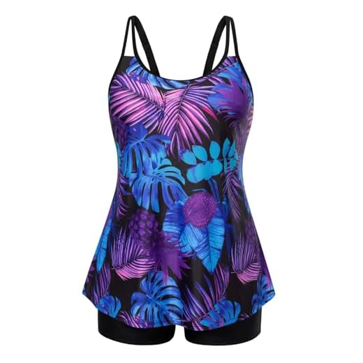 Hanna Nikole Tankini gainant pour femme - Grande taille - Deux pièces - Taille haute - Coupe trapèze, Ananas violet, 44 plus