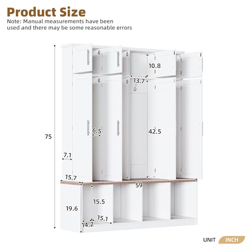 Image of Hall Tree with Entryway Bench and Shoe Storage Compartments, Particle Board Multi-Functional Cabinet with 4 Hanging Hooks, White