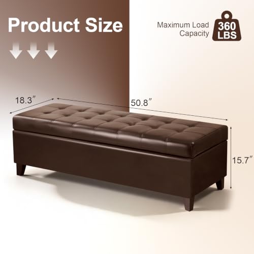 Image of 51 inch Dark Brown Leather Storage Ottoman for Living Room