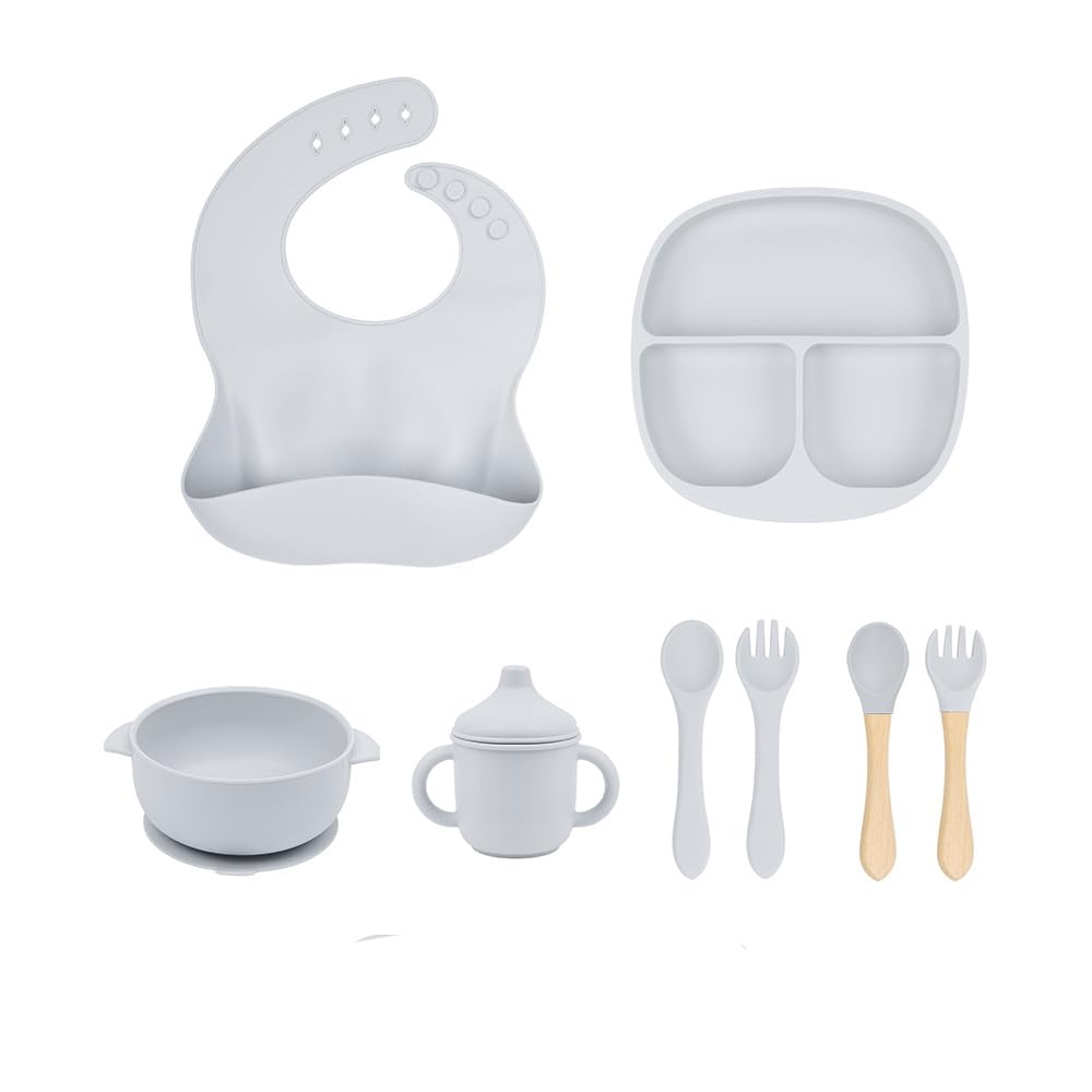 Set Repas Bébé Premium 8 Pièces – Silicone Alimentaire, Antidérapant et Incassable – Assiette, Bol, Bavoir et Couverts
