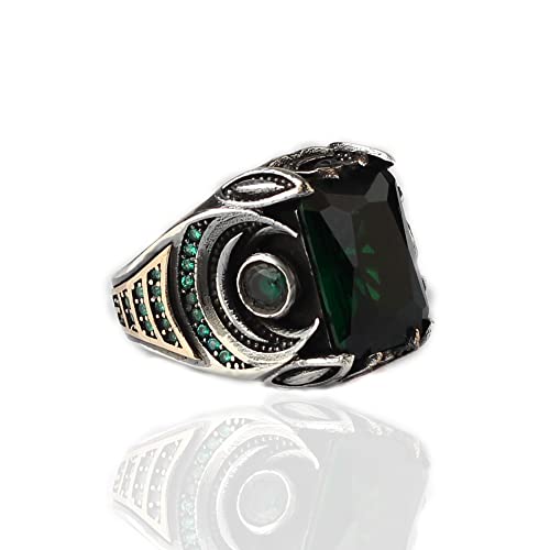 Emerald Stone Men Silver Ring, 925 Sterling Silver Emerald Gemstone Ring, Handmade Engraved Turkish Silver Ring Gifts For Men Handmade Rings Valentines Day Gifts For Him #TOP7