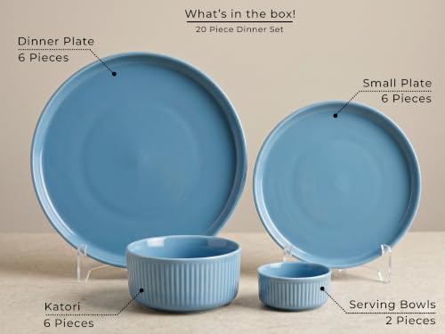 Image of Bodhi House 20-Piece Ribbed Porcelain Dinnerware Set | Quarter Plates, Katori & Serving Bowls, Chip Resistant, Lightweight, Microwave & Dishwasher Safe Crockery Set, True Blue