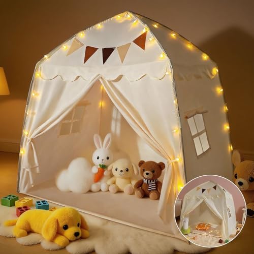 Kinderzelt Indoor mit Bunten Fahnen und Leuchtstreifen, 150x108x150cm Große Abmessungen, Waschbares Baumwollmaterial, Kinder Zelt Indoor, Kinder Bettzelt, Kinderspielhaus für Kleinkinder ab 3 Jahre