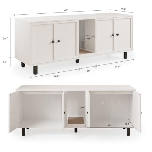 Image of ONBRILL 63 Inches Cat Litter Box Enclosure for 2 Cats, Hidden Litter Boxes Furniture with Cat Scratch Pad, Large Indoor Pet House with Double Room, Wooden TV Stand Side Table, Off White