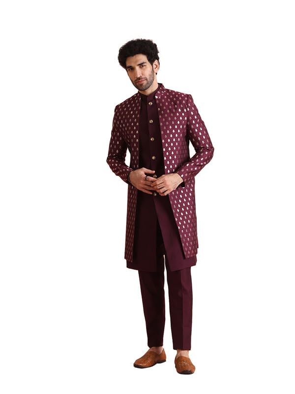 Mens Jacket Sherwani Trouser Set|Silk Blend Fabric Jacquard Pattern Indo-Western Set for Men|Regular Fit Mandarin Collar Long Sleeves-image-2