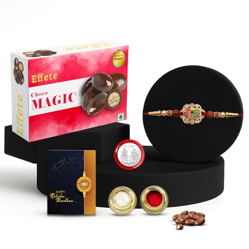 Image of DeoDap Multicolor Veera Design Rakhi Magic Gm) with Chocolate, Silver Pooja Coin, Tilak Set, Greeting Card - Rakhi Gift for Brother