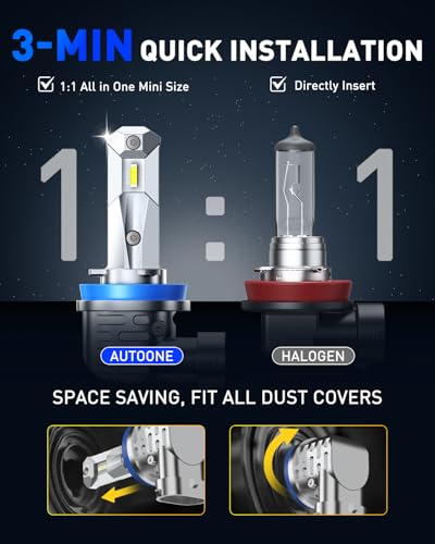 Image of AUTOONE H11 LED Bulbs, H8 /H9 /H16 LED Lights Plug and Play 6000K White Fanless Mini Sized Car Lights Bulb Replacement, Pack of 2