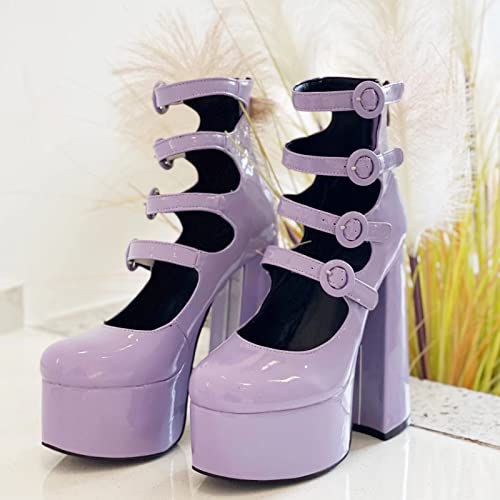 Frankie Hsu Lolita Women's Large Size Buckle Strap Plain Purple Violet Patent Leather Platform Chunky High Heels Ankle Heeled Sandal Boots Shoes3