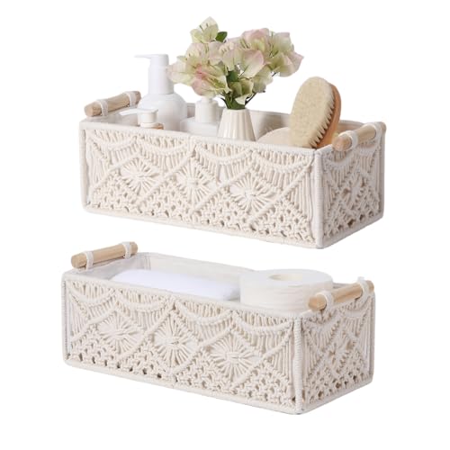Nonam Macrame Storage Baskets Boho Decor Style Woven Storage Boxes for Home Organization Toilet Tank Shelf Cabinet Organizer Baskets Set of 2-Weave White