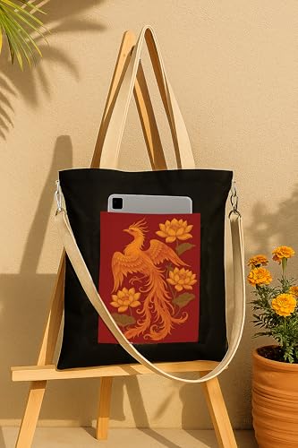 Image of ZORI Black Sling Tote Bag With Pocket and with Beige Straps, Tote Bags For Women large capacity,Tote bag For Shopping, College, Travel, More Canvas Handbag For Unisex