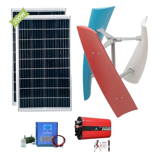 Hybrydowy system solarny off-grid, zestaw turbiny wiatrowej 1200 W z 2 panelami słonecznymi 100 W i kontrolerem, energią odnawialną 12 V/24 V