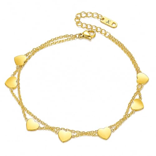 Kim Johanson® Tobillera de acero inoxidable para mujer *Love* en plata, oro y oro rosa | cadena de tobillo con 7 colgantes de corazón | joyería boho para mujer | resistente al agua | pulsera para el