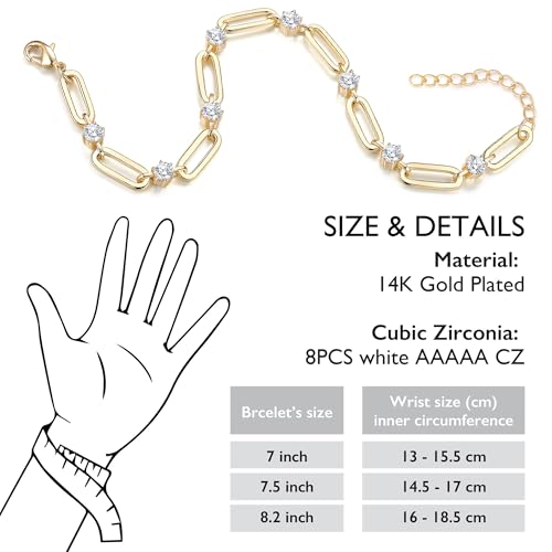 14K Gold Plated Bracelets for Women 7 Inches with 1.2 Inches Extender Paperclip Link Chain Bracelet Cubic Zirconia Jewelry Gifts Trendy for Women Men 5
