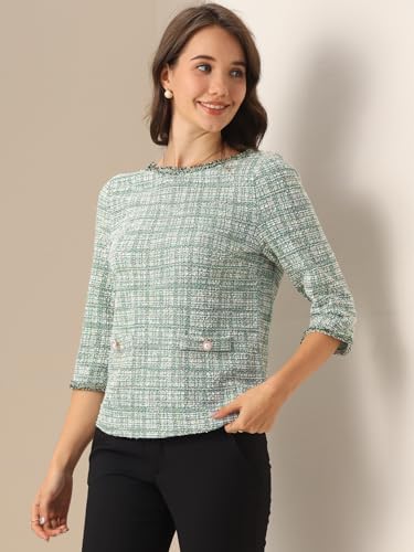 Allegra K Women's Elegant Tweed Plaid Top 3/4 Sleeve Button Decor Vintage Blouse2