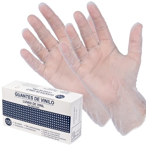 100 Guantes desechables de vinilo transparentes con polvo - Guantes desechables sin látex no estériles - Guantes higiene y protección (M)