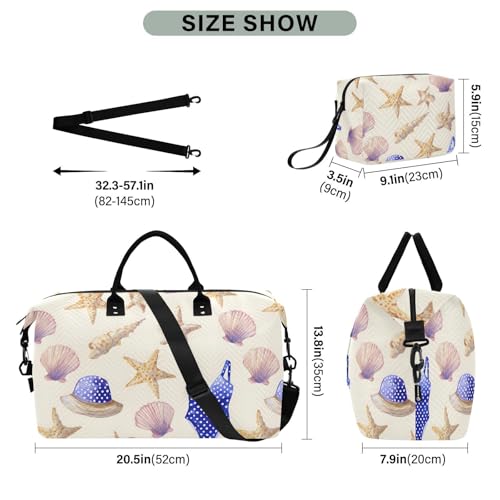 Travel Gym Bag, Beach Accessories Hat Seashells Weekender Overnight Duffle for Women with Toiletry Bag Travel Swim3
