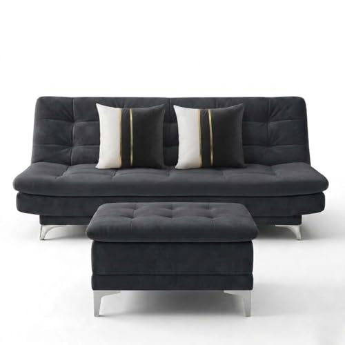 Image of Sparrow 3 Seater Fabric Click-Clack Sofa Cum Bed with Ottoman (Dark Gray) | Premium Soft Velvet | Plush Comfort Cushions | Modern Living Room Sofa | Spacious Comfortable Seating