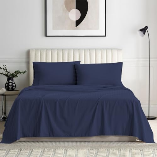 Apsley Linen Damask Stripe Egyptian Cotton 4-PCs Sheet Set Fits Mattress 15-18'' Deep Pocket Luxury Bedding Set High Thread Count Long Staple Sateen Weave Silky Soft Breathable (Queen, Navy Blue)