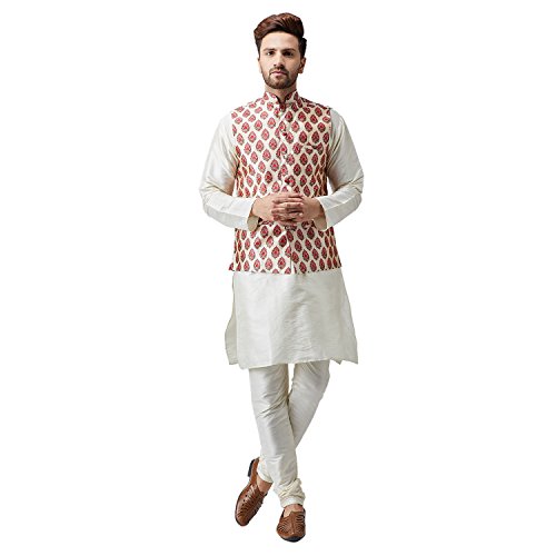 Sojanya (Since 1958 Men'S Silk Blue Kurta Pyjama & Printed Nehru Jacket Set