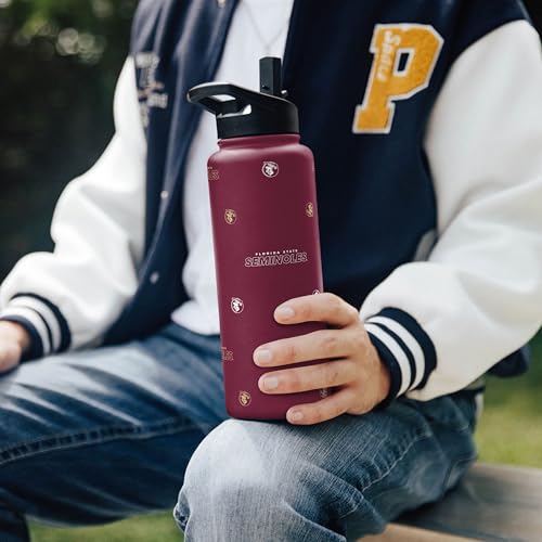 Image of Logo Brands NCAA Florida State Seminoles Step & Repeat 34 oz Stainless Steel Quencher Bottle - All Over Logo Design, No-Spill Lid, Easy Carry Handle - Keeps Drinks Cold For Hours
