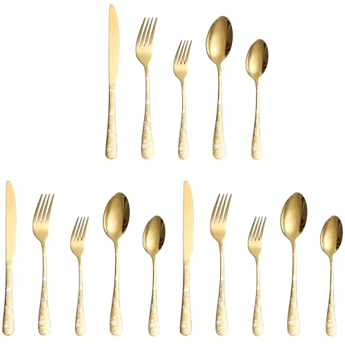 Image of aDai Aurum Gold Silverware Set | Satin Finish 15-Piece Flatware Set with Unique Floral Printed Handle | Dishwasher Safe Stainless Steel Cutlery for Home, Restaurant & Gifting