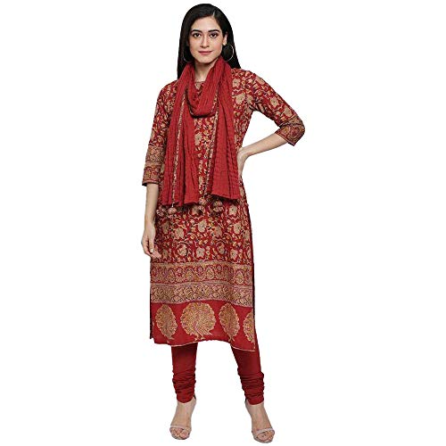 Image of BIBA Women Cotton Straight Kurta Churidar Suit Set