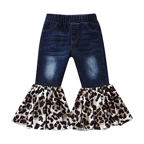 Kids Girls Leopard Print Flare Jeans Toddler Vintage Bell Bottom Pants Washed Denim Pants 1-6Y